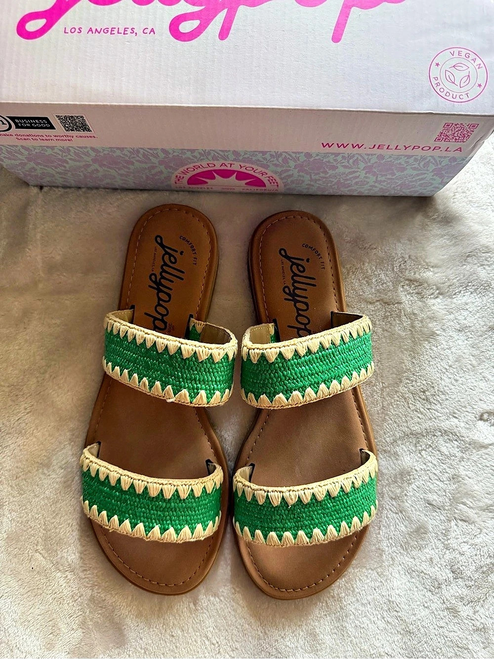 NWT Jellypop Ramie Green Raffia Slide Sandals - Women’s Size 9, Green